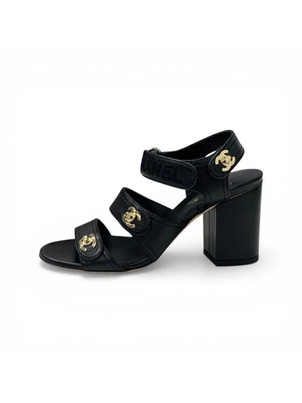 Chanel Sandals Shoes Leather Black Gold CC Logo Turnlock Velcro Strap - Picture 3 of 10